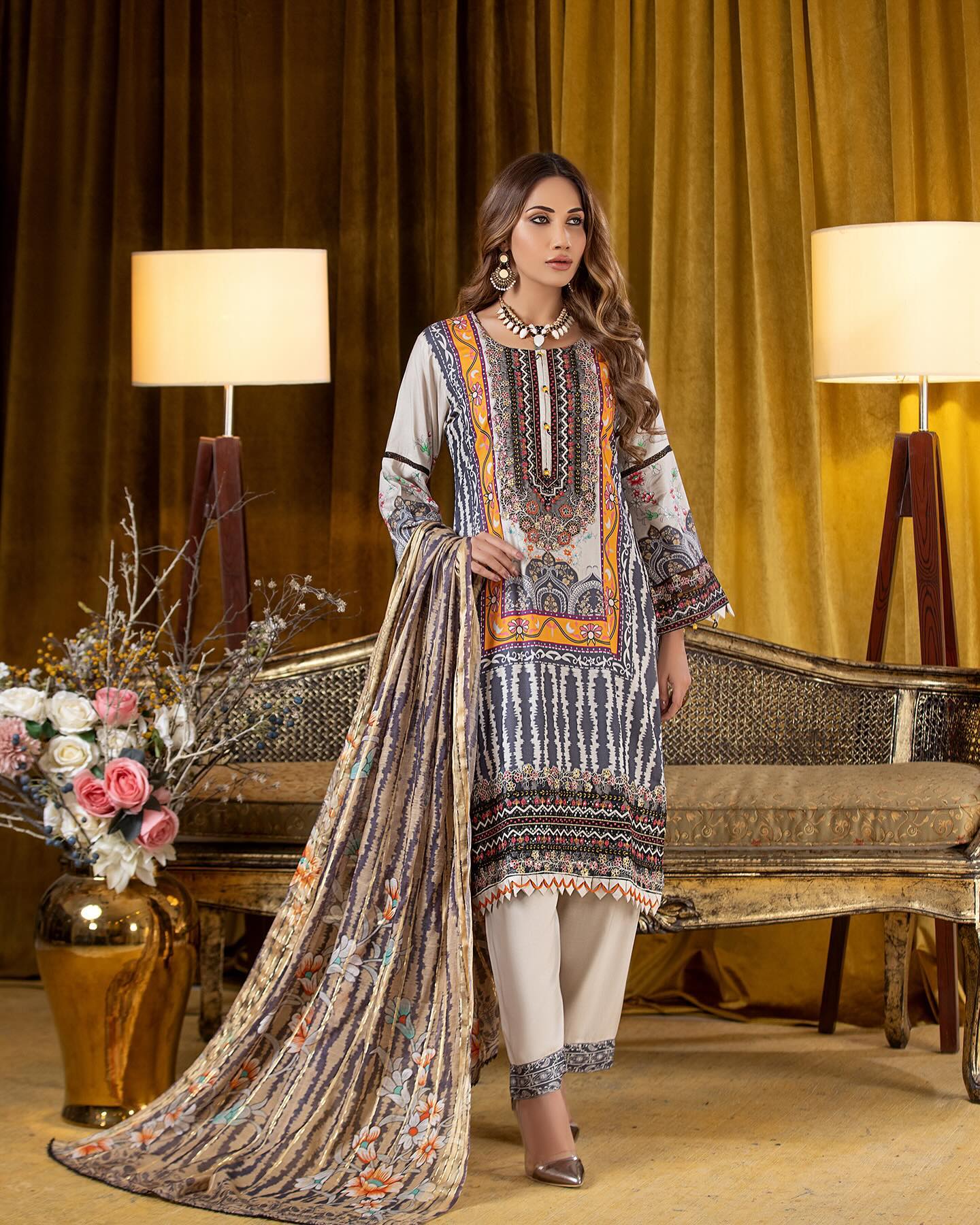 Munira Slub Printed Linen with Embroidery MSPL 07