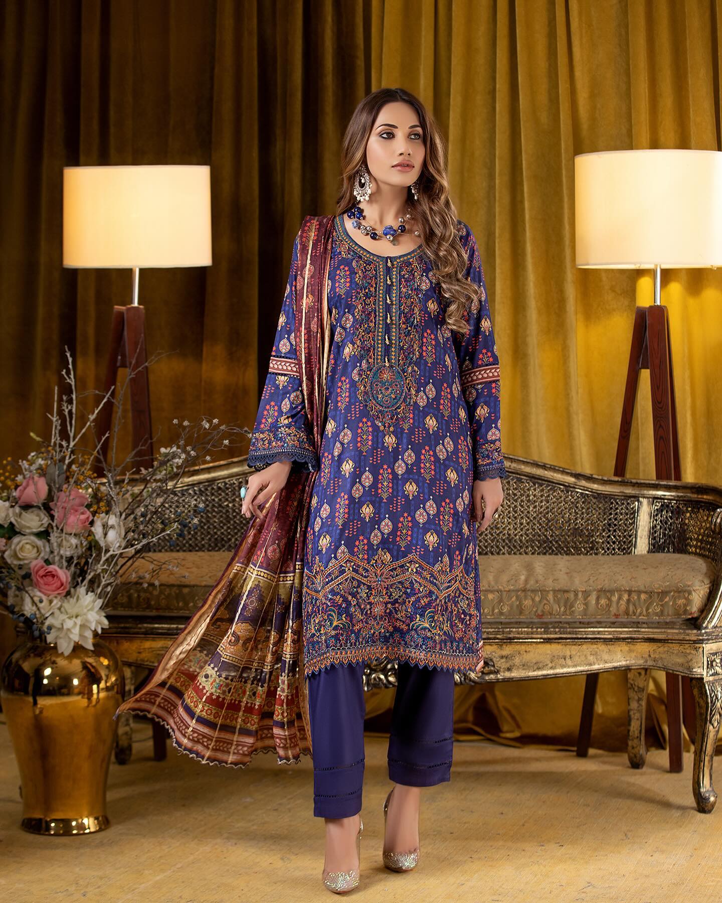 Munira Slub Printed Linen with Embroidery MSPL 06
