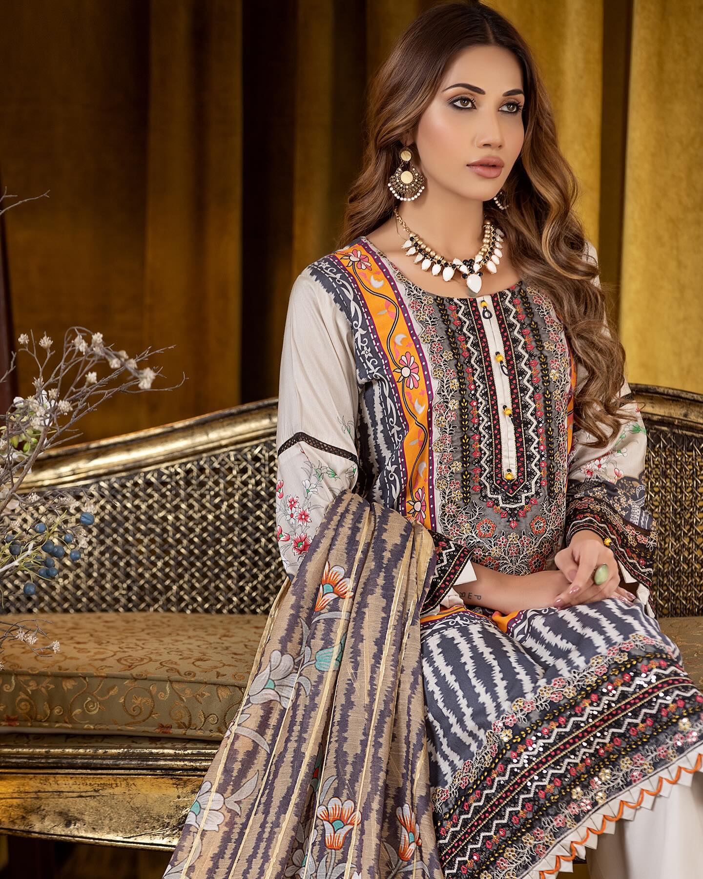 Munira Slub Printed Linen with Embroidery MSPL 07