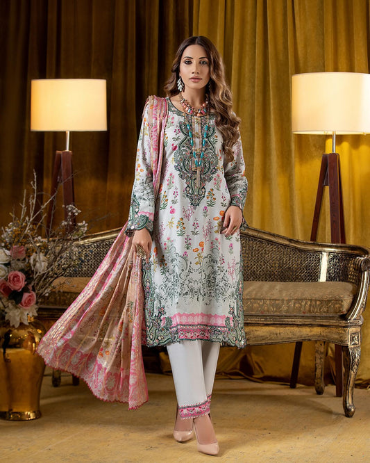 Munira Slub Printed Linen with Embroidery MSPL 01